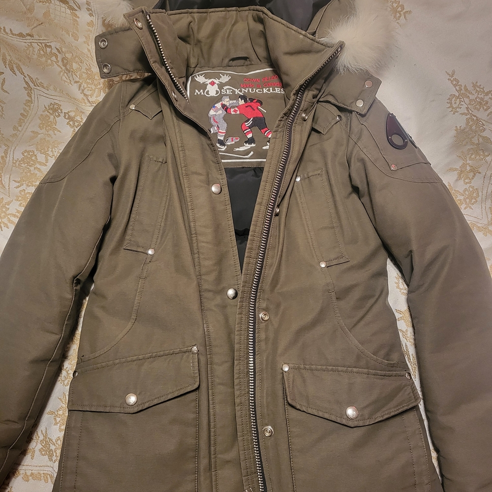 Moose Knuckles Olive Green Ski Jacket with Fur Trim Hood